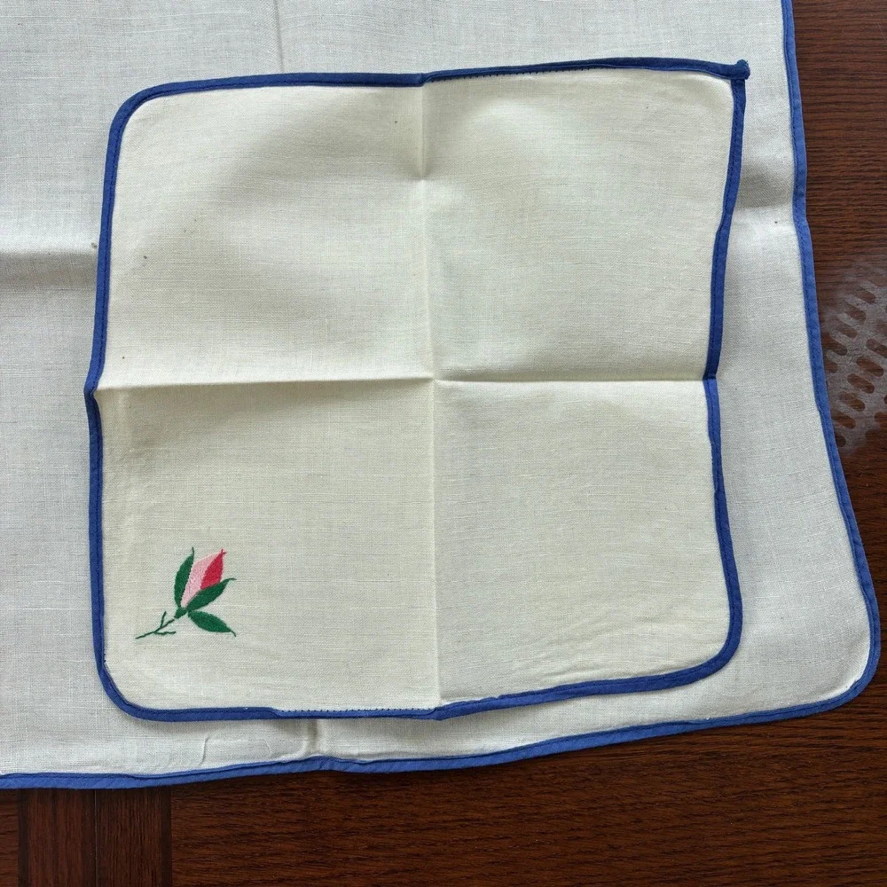 Vintage Embroidered Linen Tablecloth and Napkins Set Floral Blue Trim 5pc